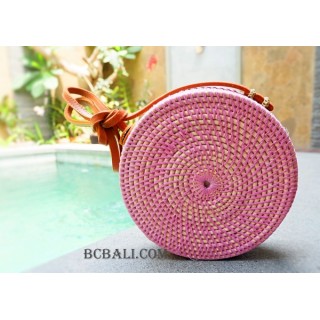 straw synthetic rattan circle bag color pink